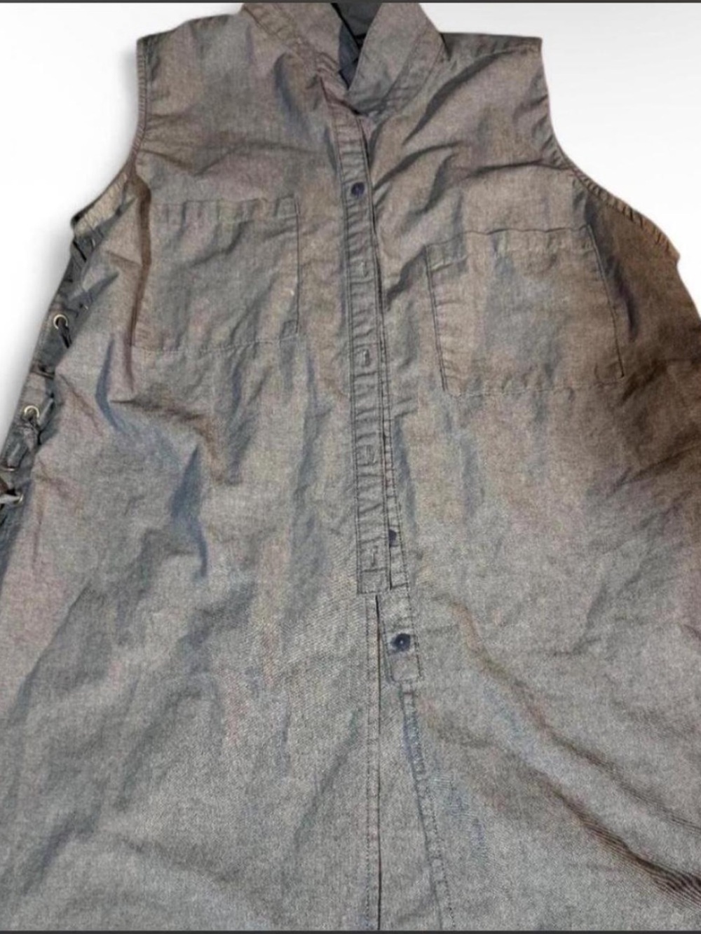 Sleeveless Button-Front Chambray Tunic Vest in Dusty Gray